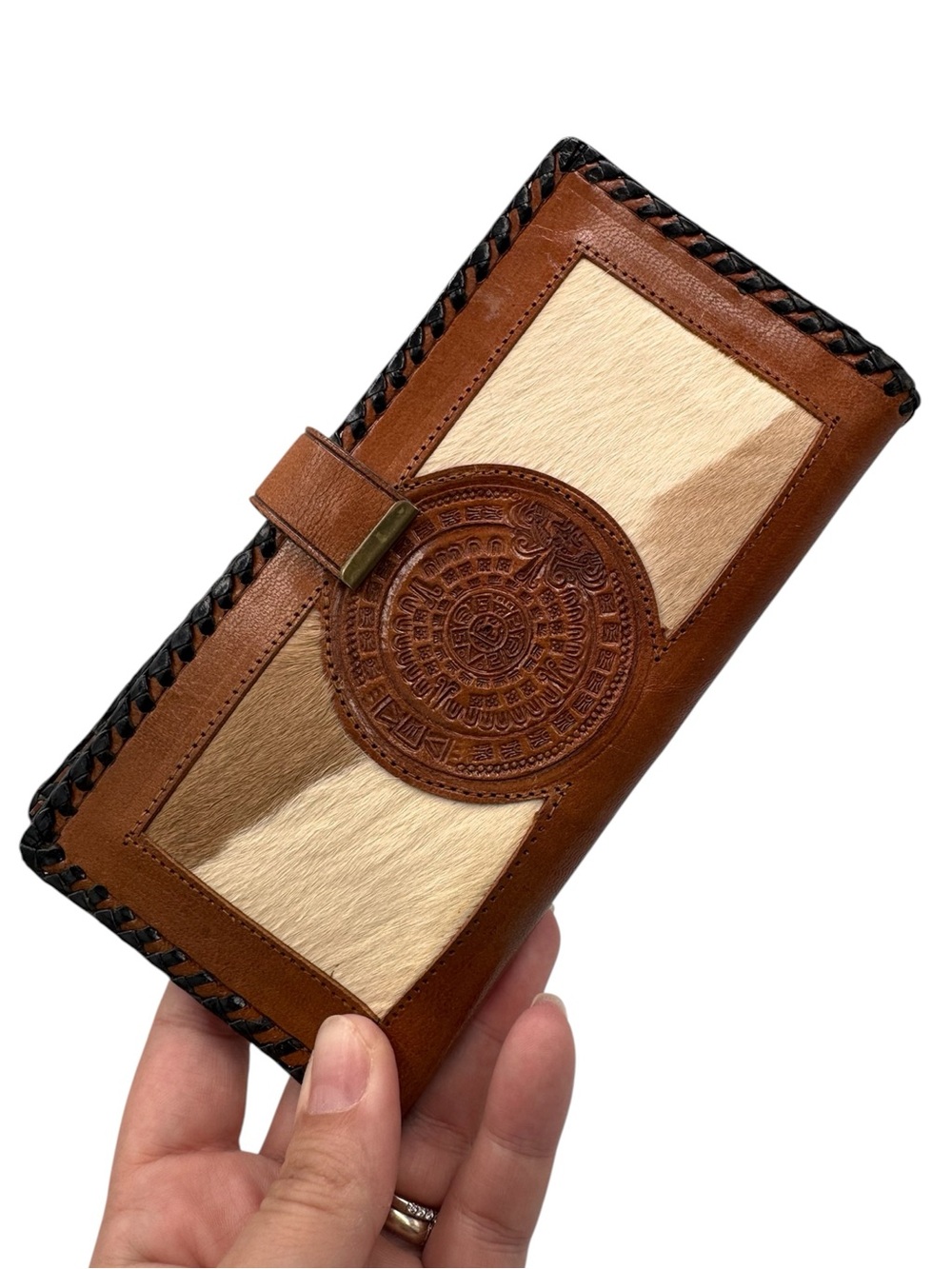 Vintage Gaitan Western Cowhide Hair On Hide Tooled Leather Wallet Checkbook Boho